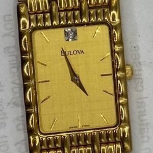 Bulova Swiss 97D05 Mens Gold Tone Diamond Accent Tank Bracelet Watch